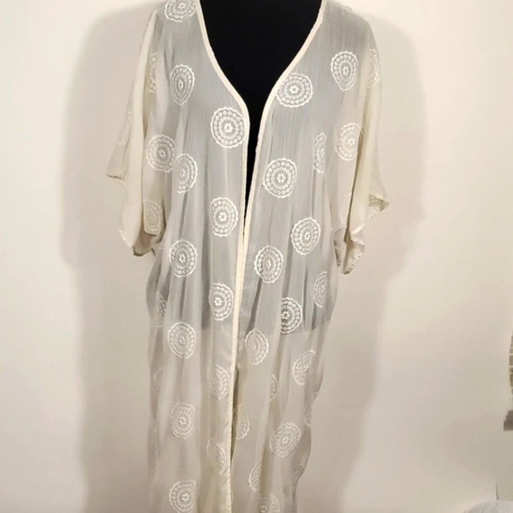 Open Front Kimono Cover-Up - Off White/Ivory - Embroidered - OSFM